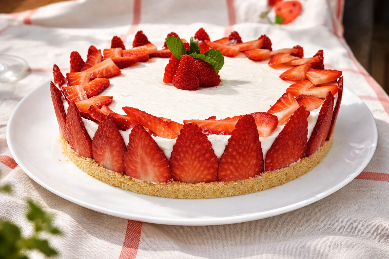 Whole strawberry cheesecake with a fresh strawberry border