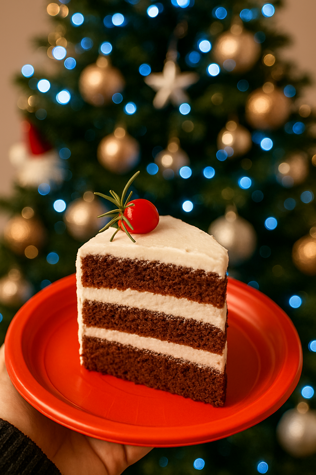 Slice of Red Velvet Cake served on a red plate