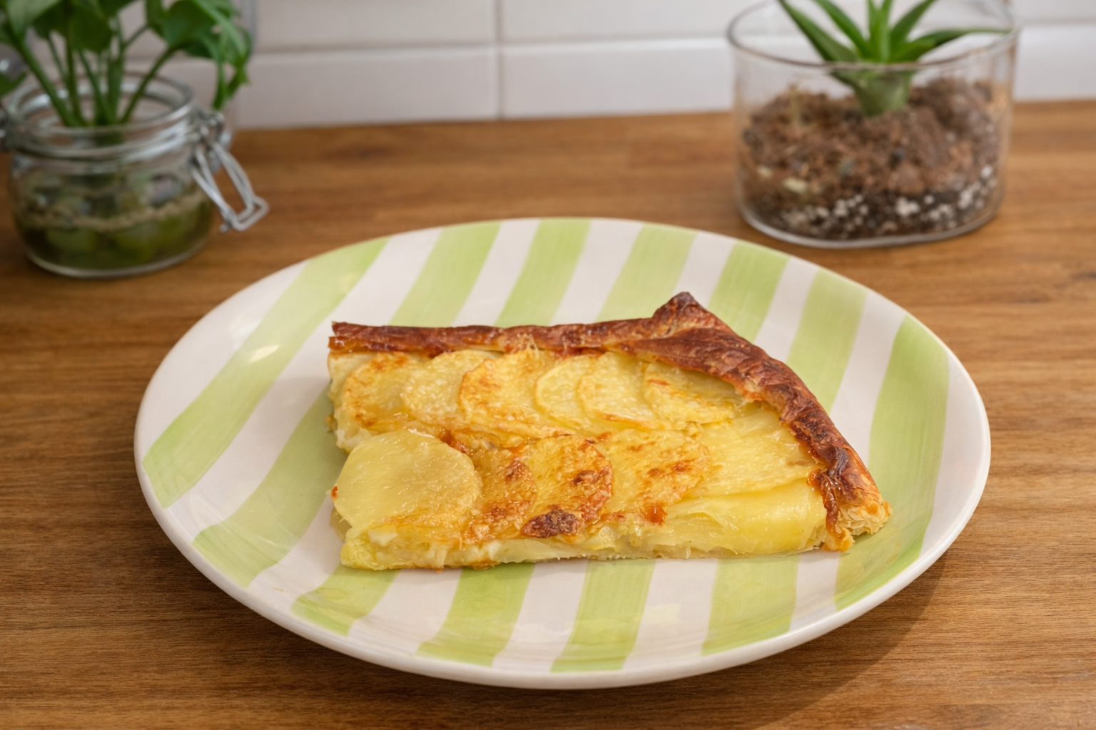Slice of smoked scamorza and potato savoury tart